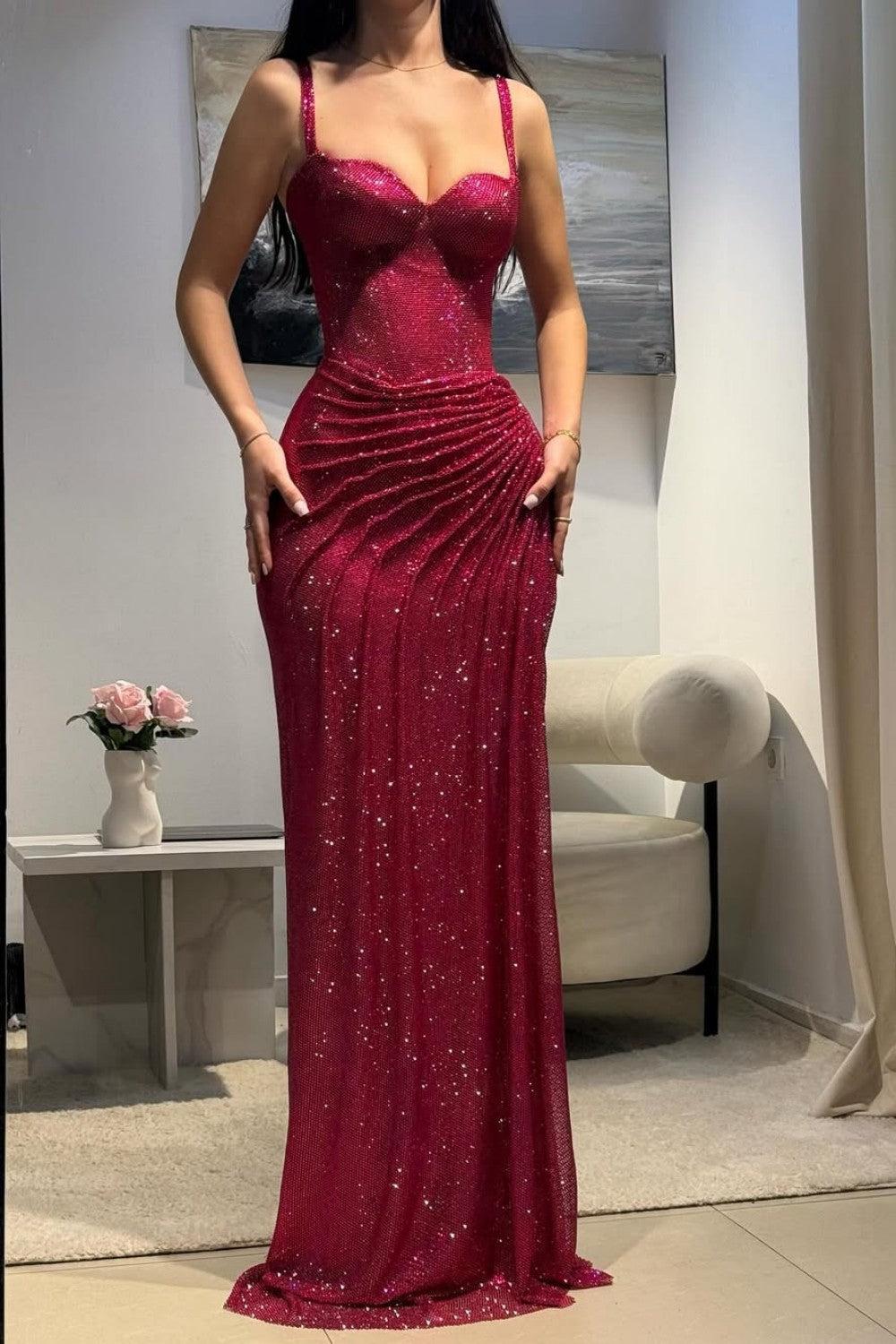 Dressystars Dark Red Glitter Bodycon Homecoming Dress With Sweetheart Neck Spaghetti Straps Ruched Side Slit Formal Evening Gown