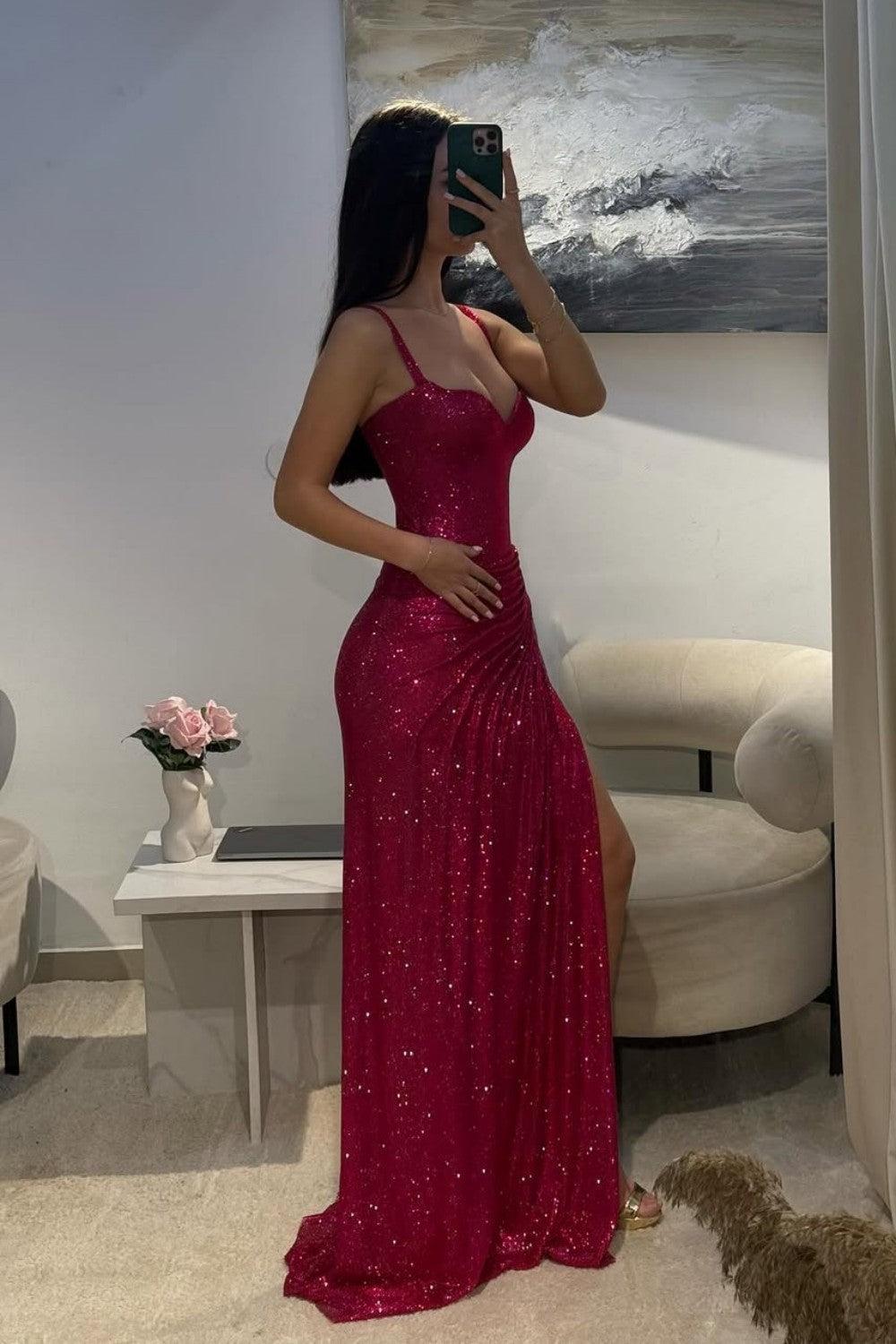 Dressystars Dark Red Glitter Bodycon Homecoming Dress With Sweetheart Neck Spaghetti Straps Ruched Side Slit Formal Evening Gown