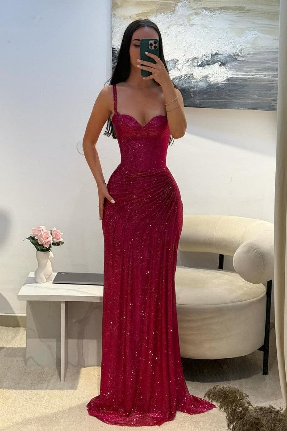 Dressystars Dark Red Glitter Bodycon Homecoming Dress With Sweetheart Neck Spaghetti Straps Ruched Side Slit Formal Evening Gown