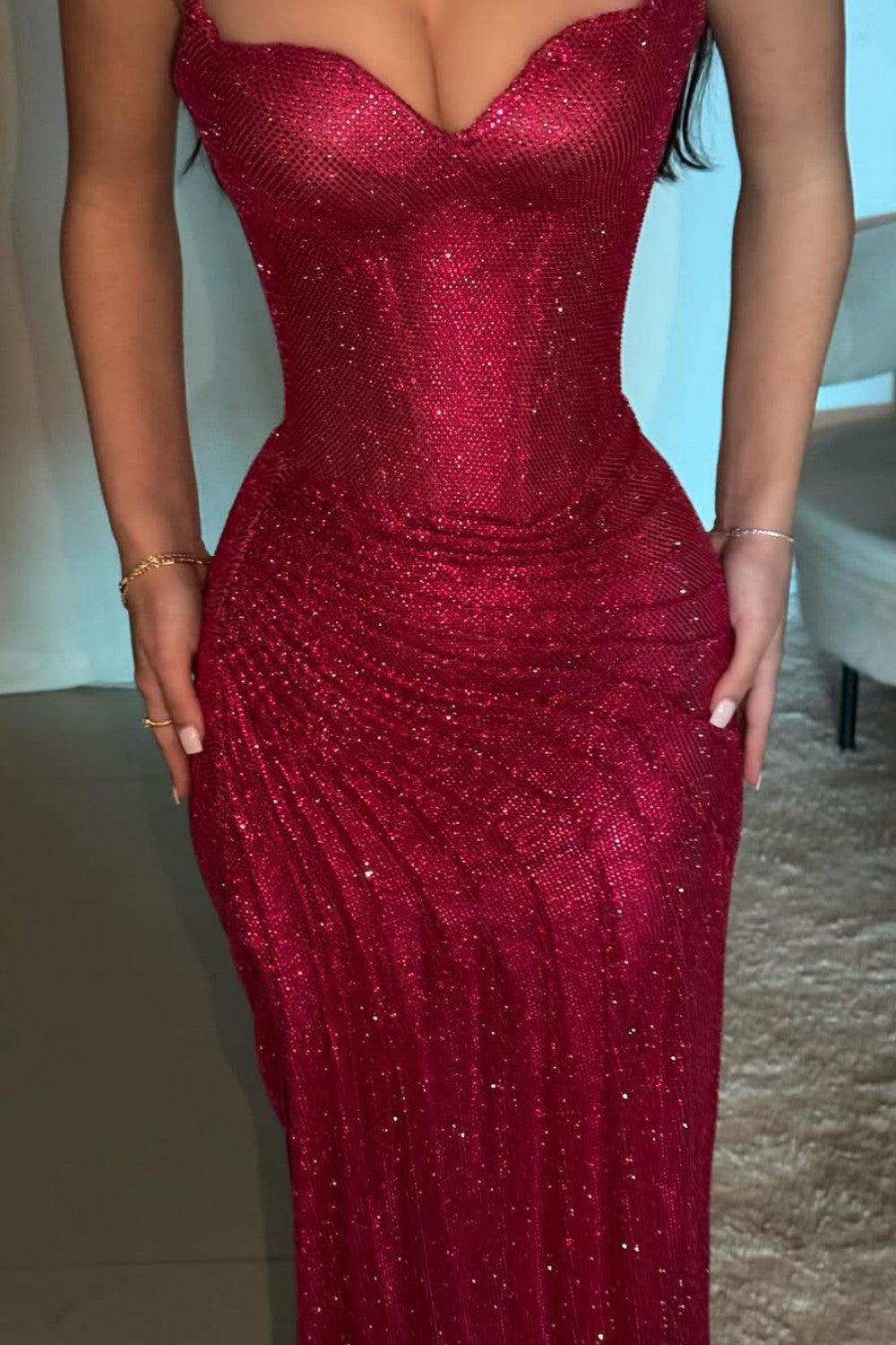 Dressystars Dark Red Glitter Bodycon Homecoming Dress With Sweetheart Neck Spaghetti Straps Ruched Side Slit Formal Evening Gown