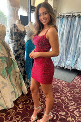 Dressystars Dark Red Homecoming Dress Beaded Spaghetti Straps Tight Short Prom Dress