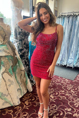 Dressystars Dark Red Homecoming Dress Beaded Spaghetti Straps Tight Short Prom Dress