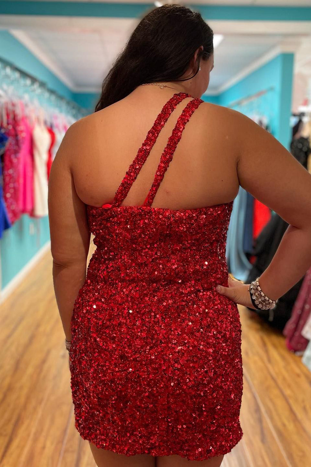 Dressystars Dark Red Homecoming Dress Sequin One Shoulder Tight Short Prom Dress