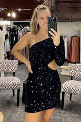 Dressystars Dark Red Homecoming Dress Waist Cut Out One Shoulder Tight Sequin Prom Dress with Sleeves