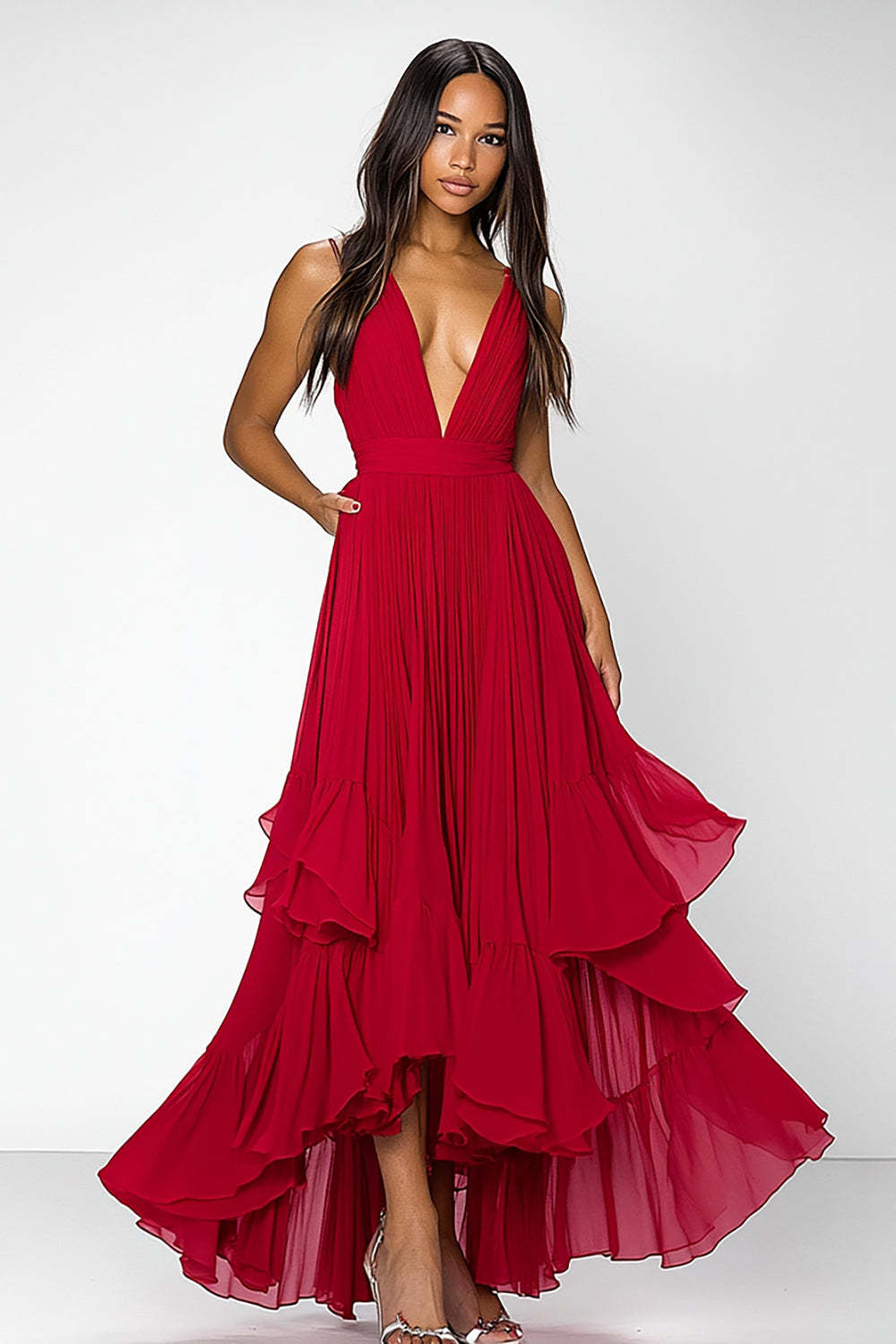 Dressystars Deep V-Neck Chiffon A Line Red Wedding Guest Dress Long Formal Dress