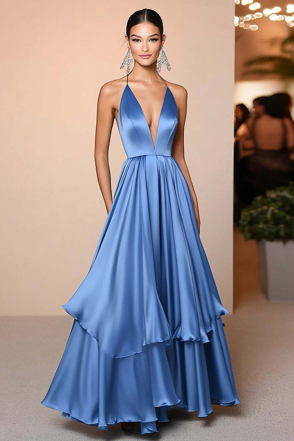 Dressystars Deep V-Neck Floor Length Blue Wedding Guest Dress A Line Satin Formal Dress