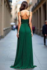 Dressystars Deep V-Neck Pleated Dark Green Wedding Guest Dress Long Formal Dress With Slit