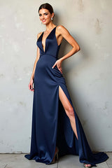 Dressystars Deep V-Neck Satin Navy Wedding Guest Dress Long Formal Dress With Slit