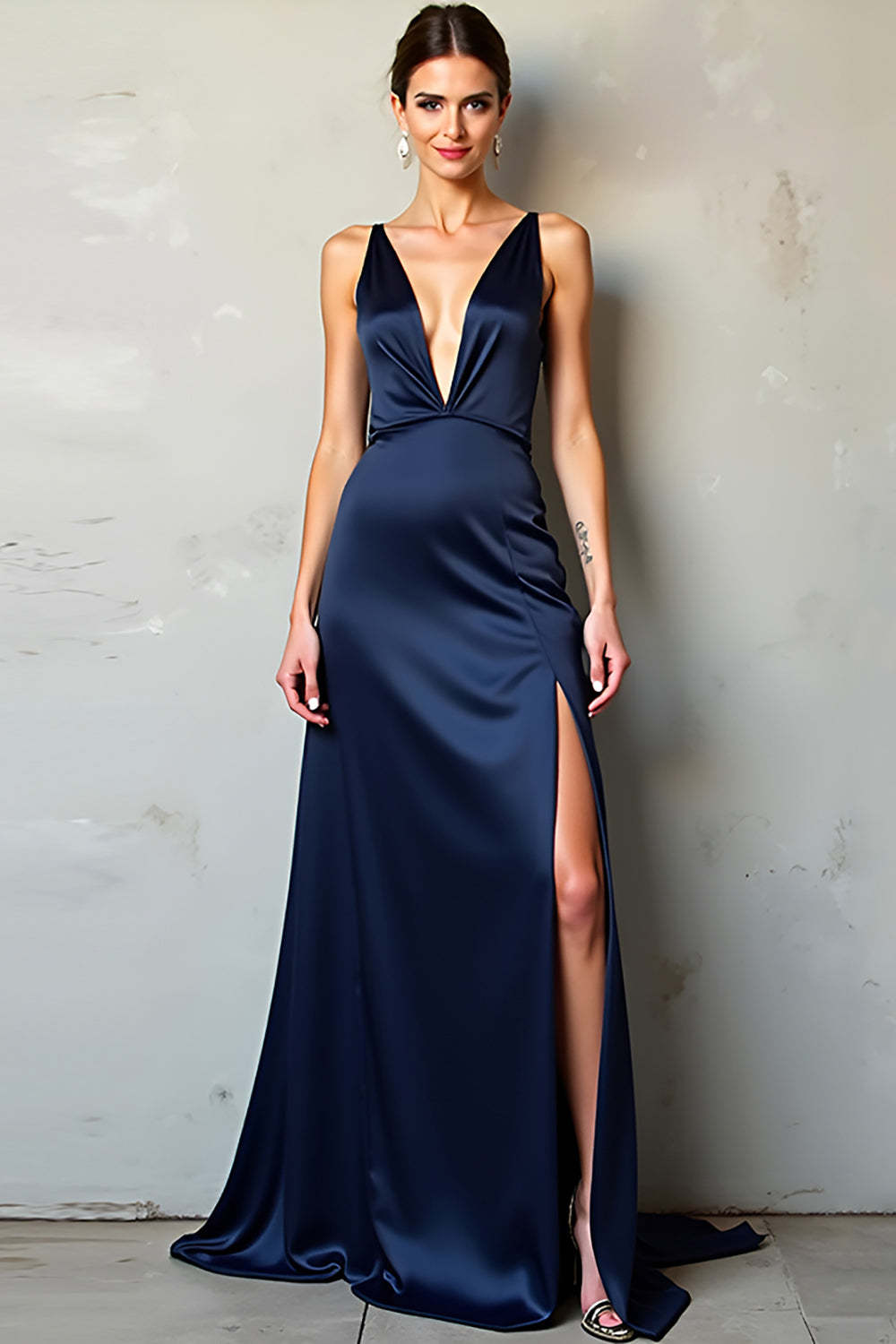 Dressystars Deep V-Neck Satin Navy Wedding Guest Dress Long Formal Dress With Slit