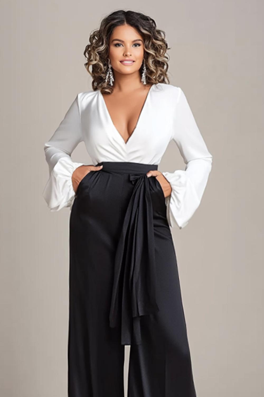 Dressystars Deep V-Neck White And Black Wedding Guest Dress Satin Long Sleeves Formal Jumpsuits