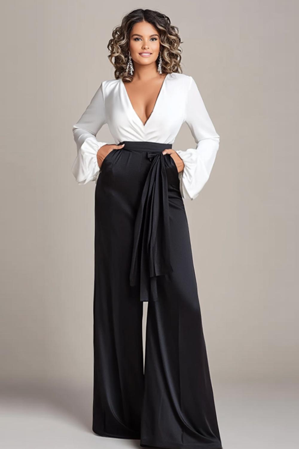 Dressystars Deep V-Neck White And Black Wedding Guest Dress Satin Long Sleeves Formal Jumpsuits