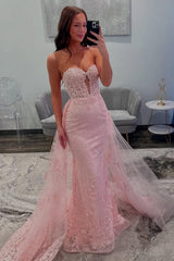 Dressystars Dreamy Pink Mermaid Sweetheart Lace Prom Dress With Tulle Train Formal Evening Gown