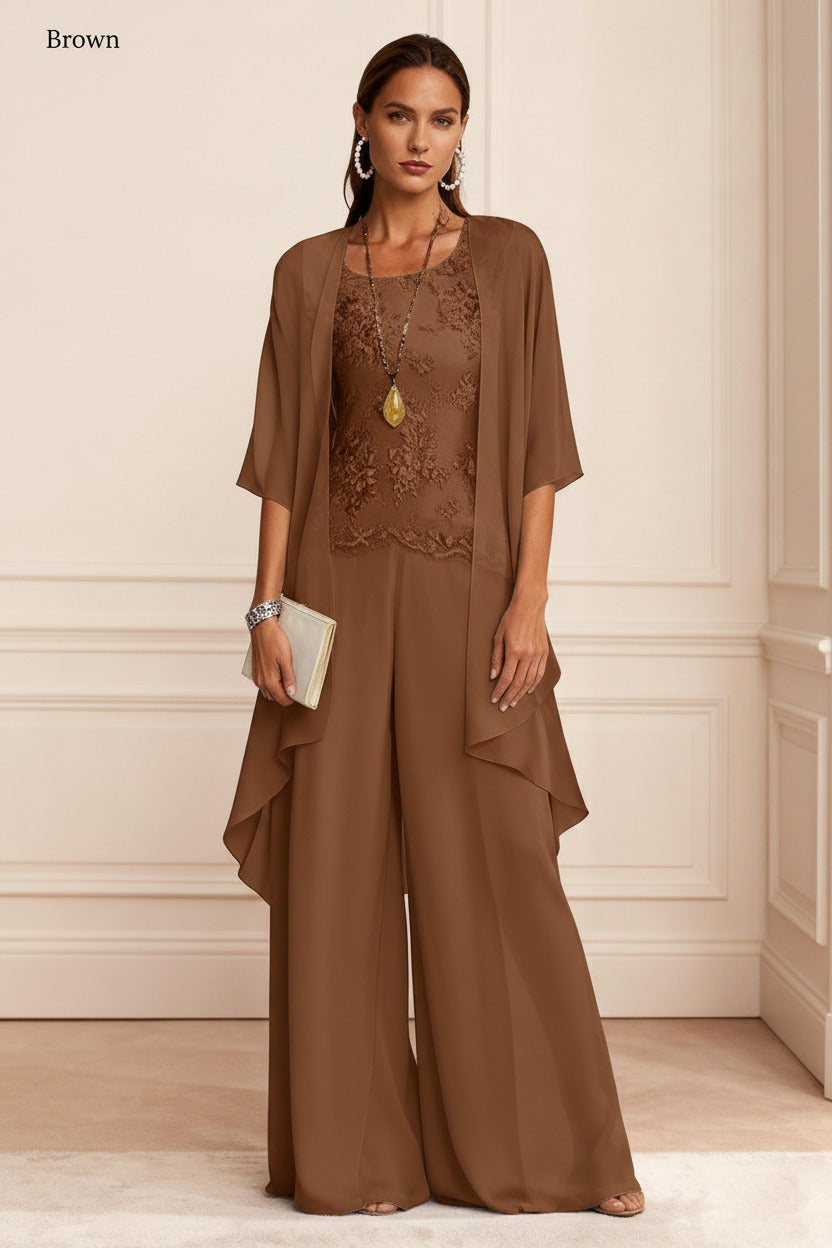 Dressystars Dusty Blue Chiffon Appliqued 3 Piece Mother Of The Bride Pant Suits With Jacket