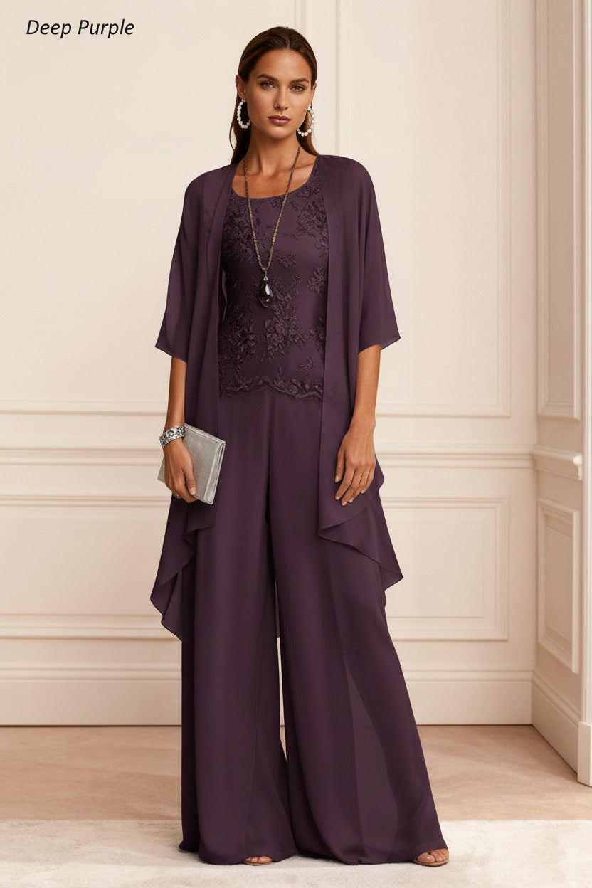 Dressystars Dusty Blue Chiffon Appliqued 3 Piece Mother Of The Bride Pant Suits With Jacket