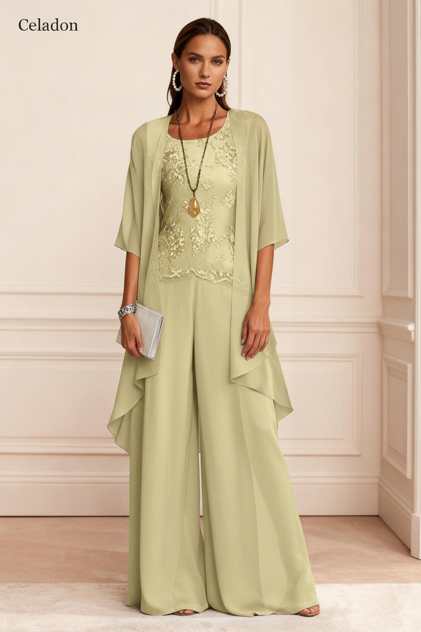 Dressystars Dusty Blue Chiffon Appliqued 3 Piece Mother Of The Bride Pant Suits With Jacket