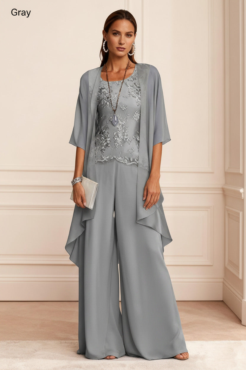Dressystars Dusty Blue Chiffon Appliqued 3 Piece Mother Of The Bride Pant Suits With Jacket