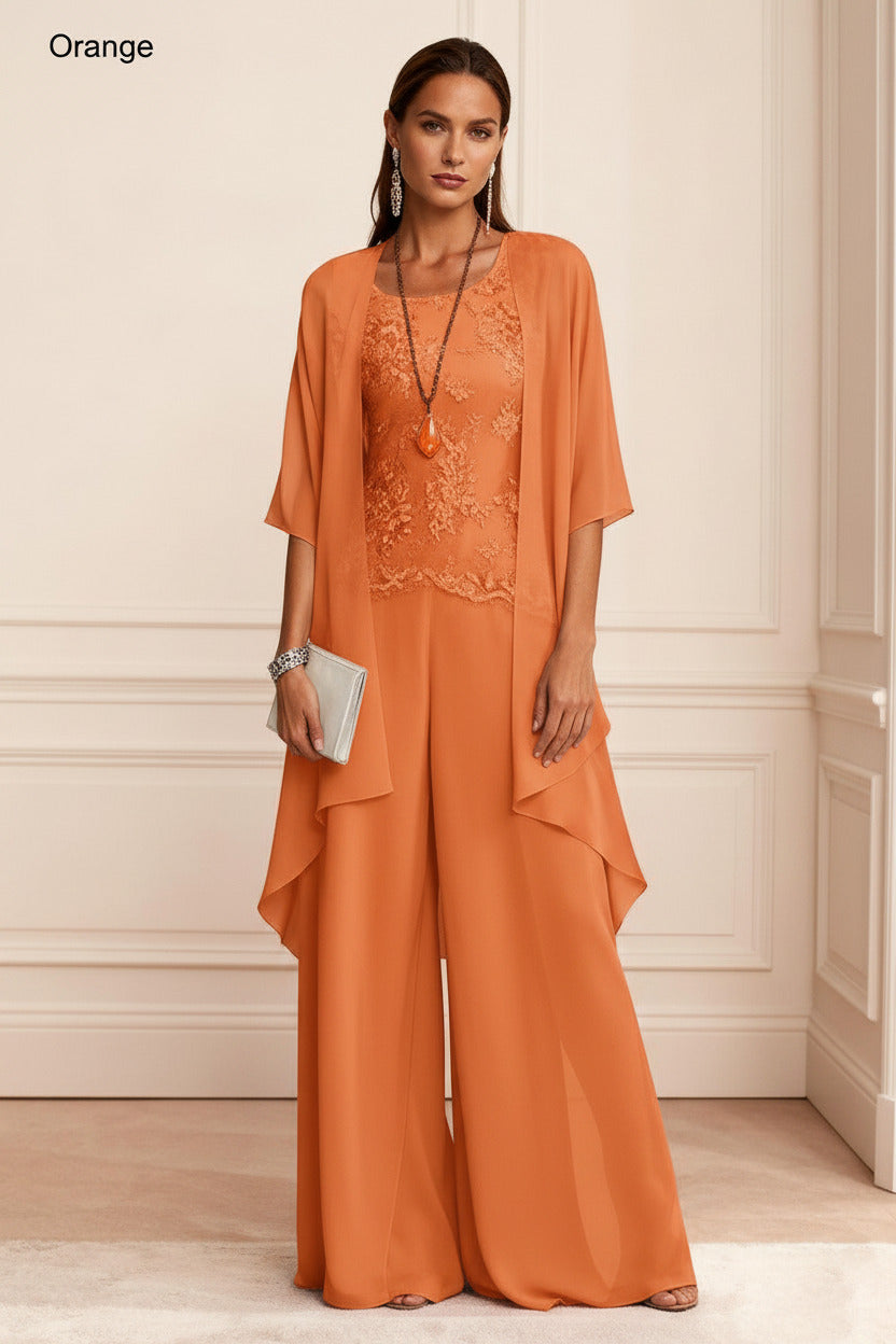Dressystars Dusty Blue Chiffon Appliqued 3 Piece Mother Of The Bride Pant Suits With Jacket