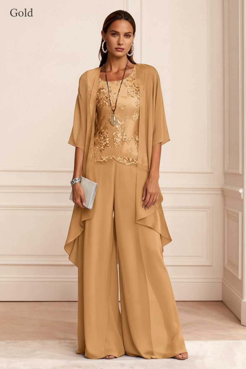 Dressystars Dusty Blue Chiffon Appliqued 3 Piece Mother Of The Bride Pant Suits With Jacket