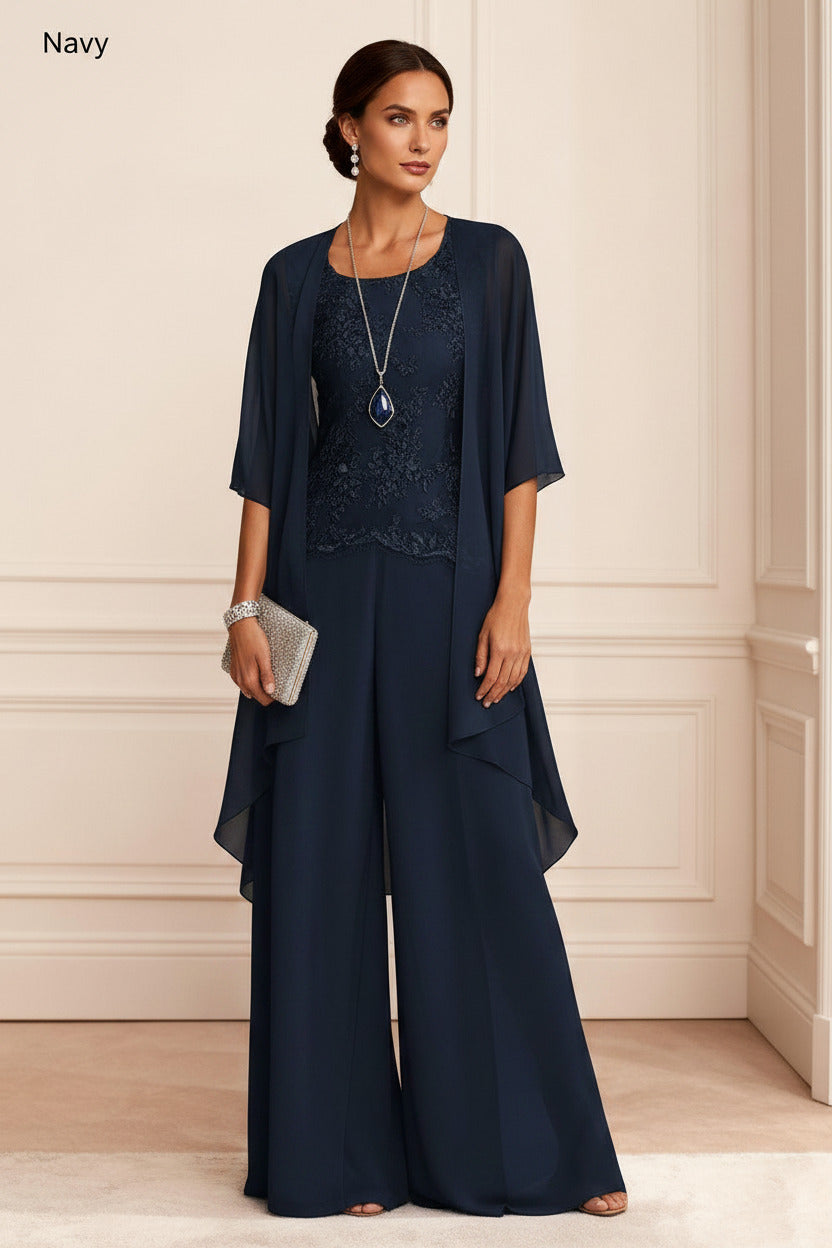 Dressystars Dusty Blue Chiffon Appliqued 3 Piece Mother Of The Bride Pant Suits With Jacket