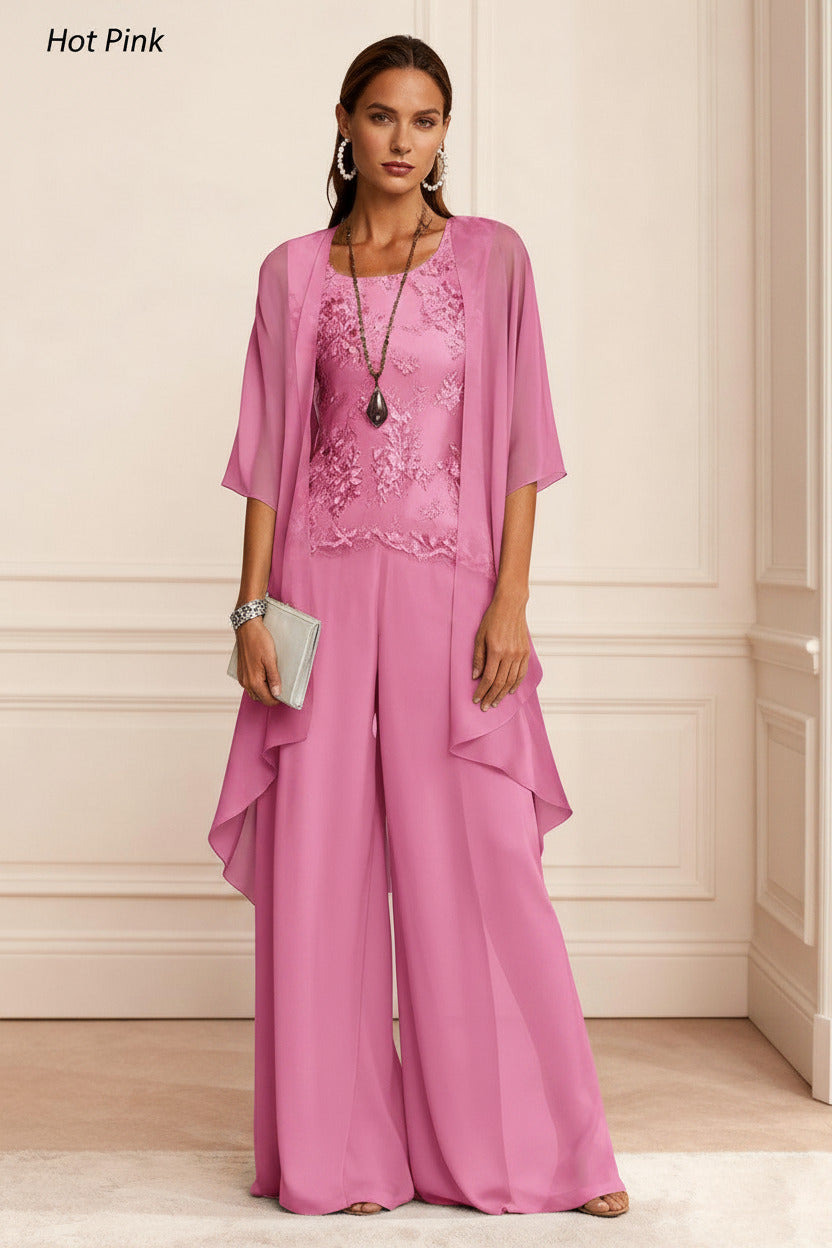 Dressystars Dusty Blue Chiffon Appliqued 3 Piece Mother Of The Bride Pant Suits With Jacket