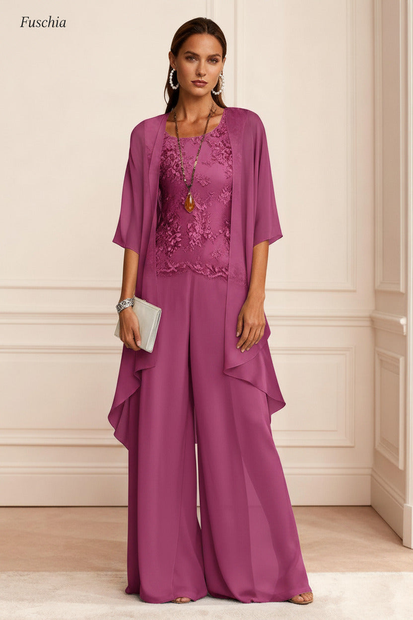 Dressystars Dusty Blue Chiffon Appliqued 3 Piece Mother Of The Bride Pant Suits With Jacket