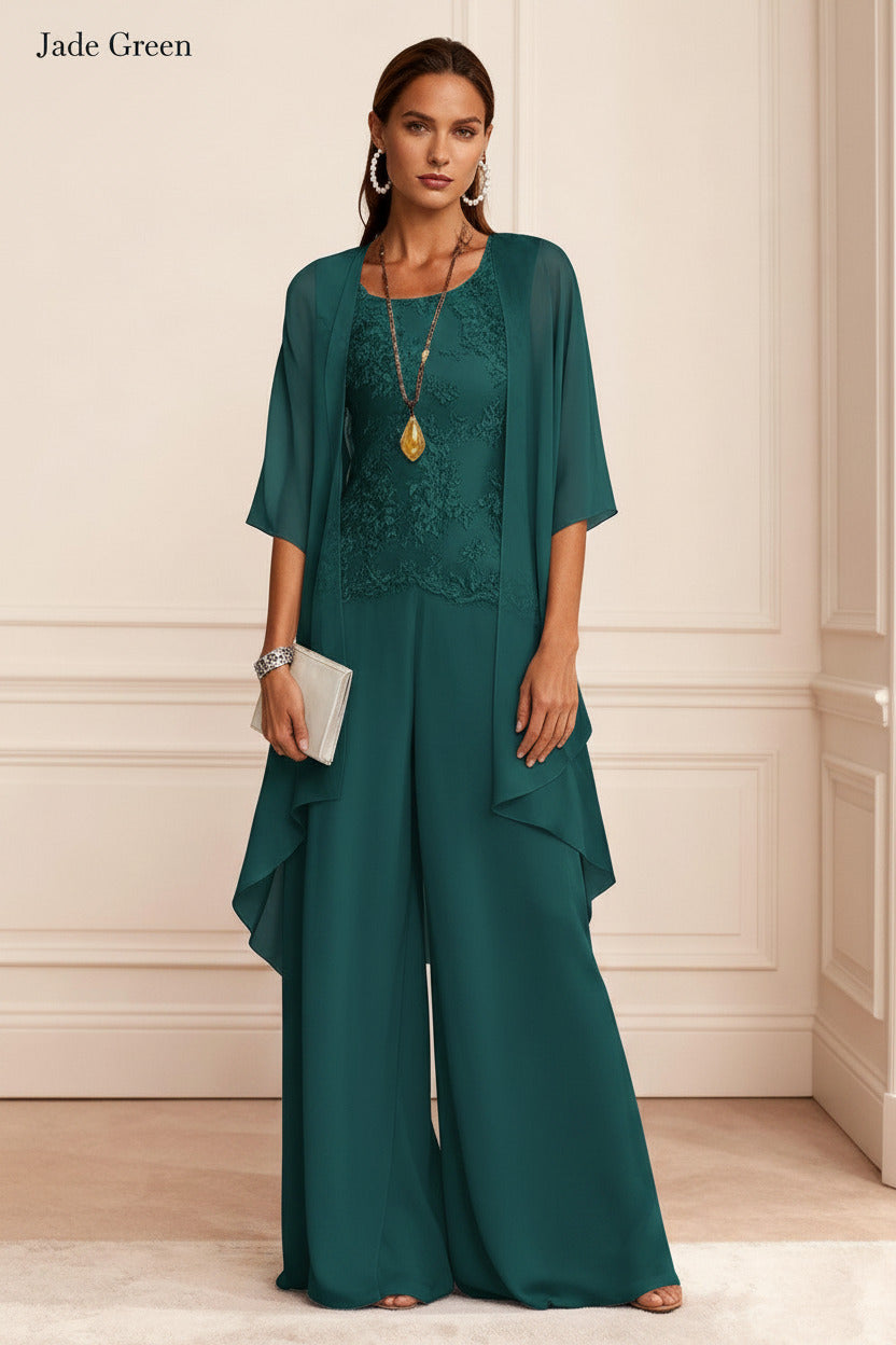 Dressystars Dusty Blue Chiffon Appliqued 3 Piece Mother Of The Bride Pant Suits With Jacket