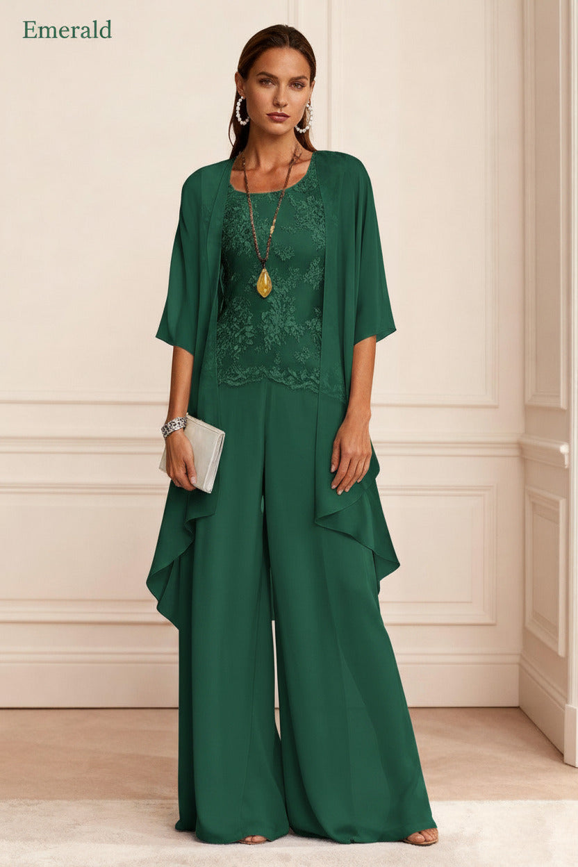 Dressystars Dusty Blue Chiffon Appliqued 3 Piece Mother Of The Bride Pant Suits With Jacket