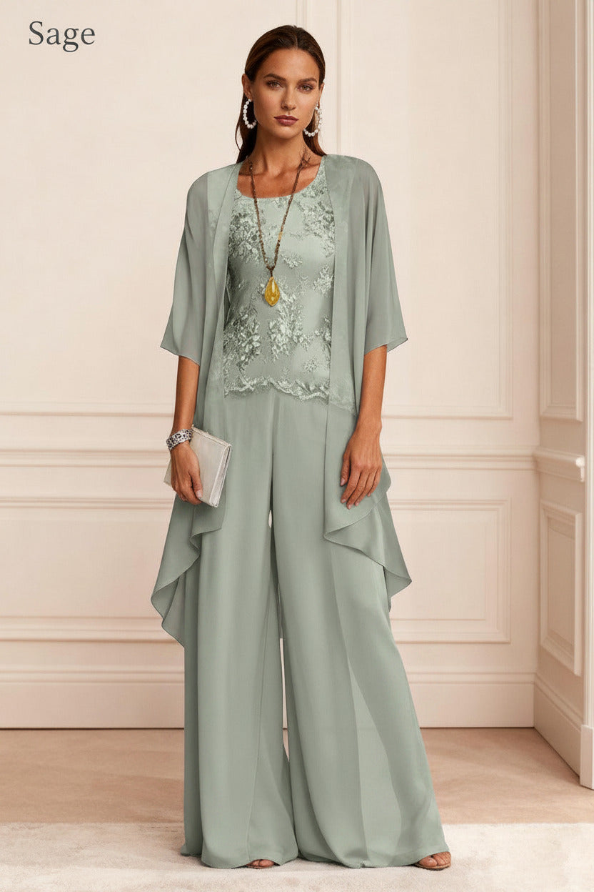 Dressystars Dusty Blue Chiffon Appliqued 3 Piece Mother Of The Bride Pant Suits With Jacket