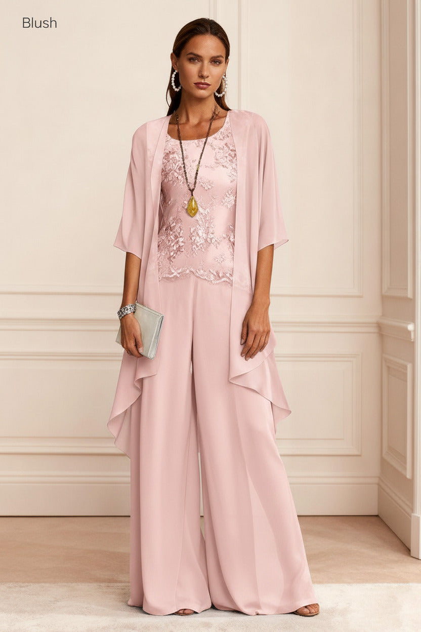 Dressystars Dusty Blue Chiffon Appliqued 3 Piece Mother Of The Bride Pant Suits With Jacket