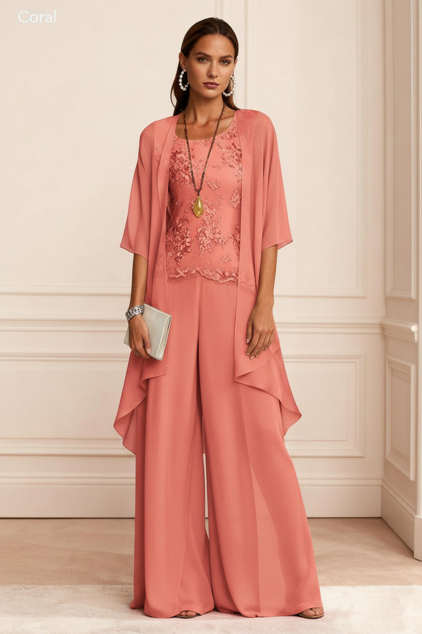 Dressystars Dusty Blue Chiffon Appliqued 3 Piece Mother Of The Bride Pant Suits With Jacket