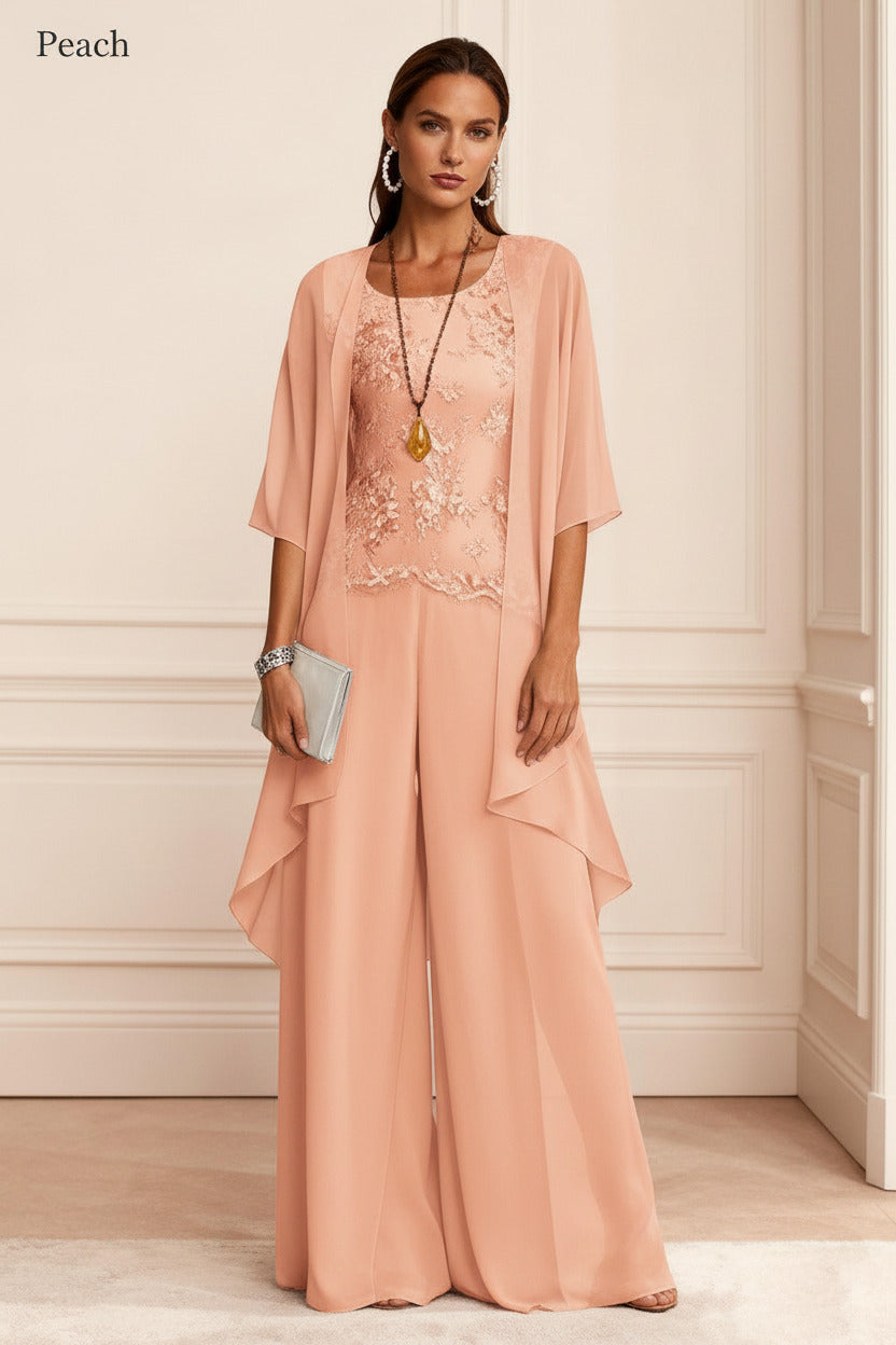 Dressystars Dusty Blue Chiffon Appliqued 3 Piece Mother Of The Bride Pant Suits With Jacket