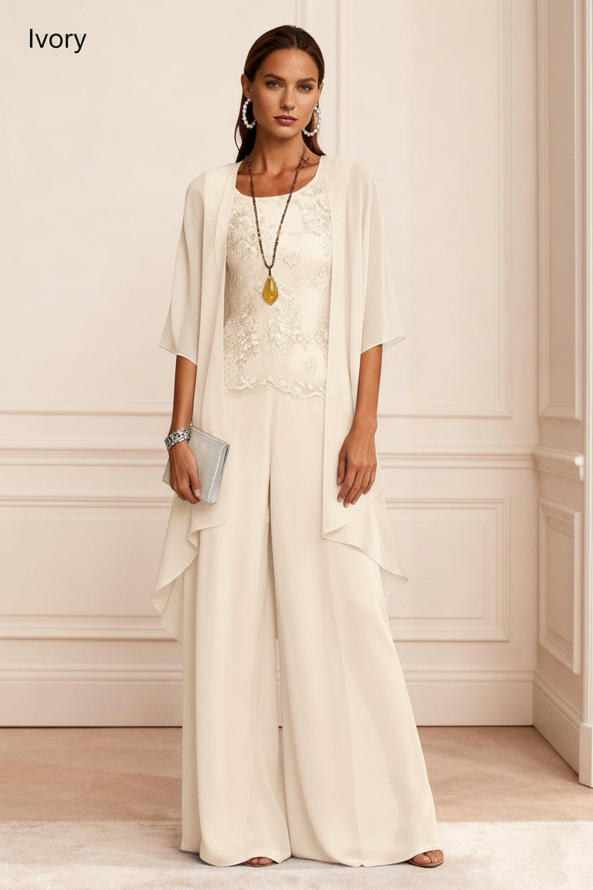 Dressystars Dusty Blue Chiffon Appliqued 3 Piece Mother Of The Bride Pant Suits With Jacket