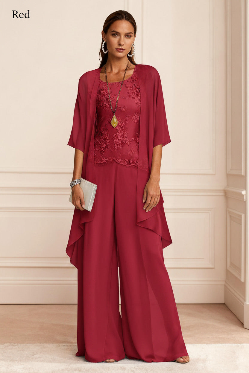 Dressystars Dusty Blue Chiffon Appliqued 3 Piece Mother Of The Bride Pant Suits With Jacket