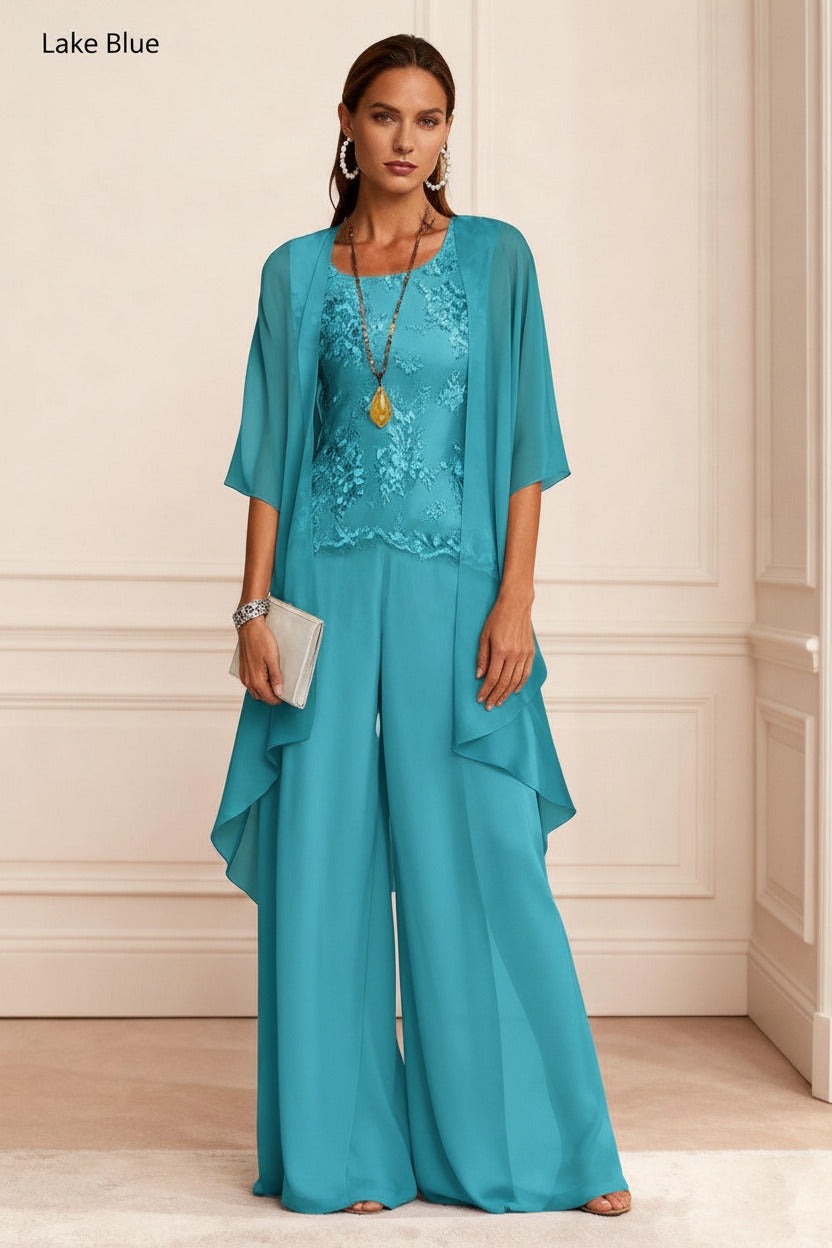 Dressystars Dusty Blue Chiffon Appliqued 3 Piece Mother Of The Bride Pant Suits With Jacket