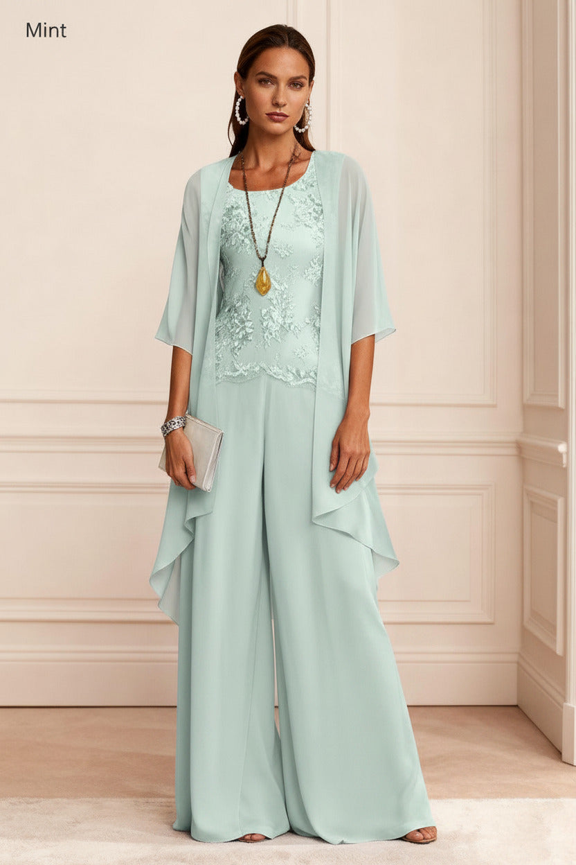 Dressystars Dusty Blue Chiffon Appliqued 3 Piece Mother Of The Bride Pant Suits With Jacket