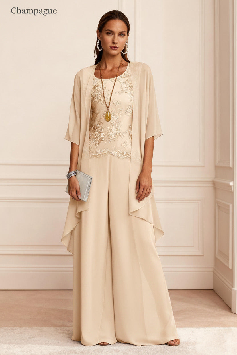 Dressystars Dusty Blue Chiffon Appliqued 3 Piece Mother Of The Bride Pant Suits With Jacket
