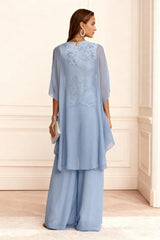 Dressystars Dusty Blue Chiffon Appliqued 3 Piece Mother Of The Bride Pant Suits With Jacket