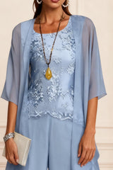 Dressystars Dusty Blue Chiffon Appliqued 3 Piece Mother Of The Bride Pant Suits With Jacket