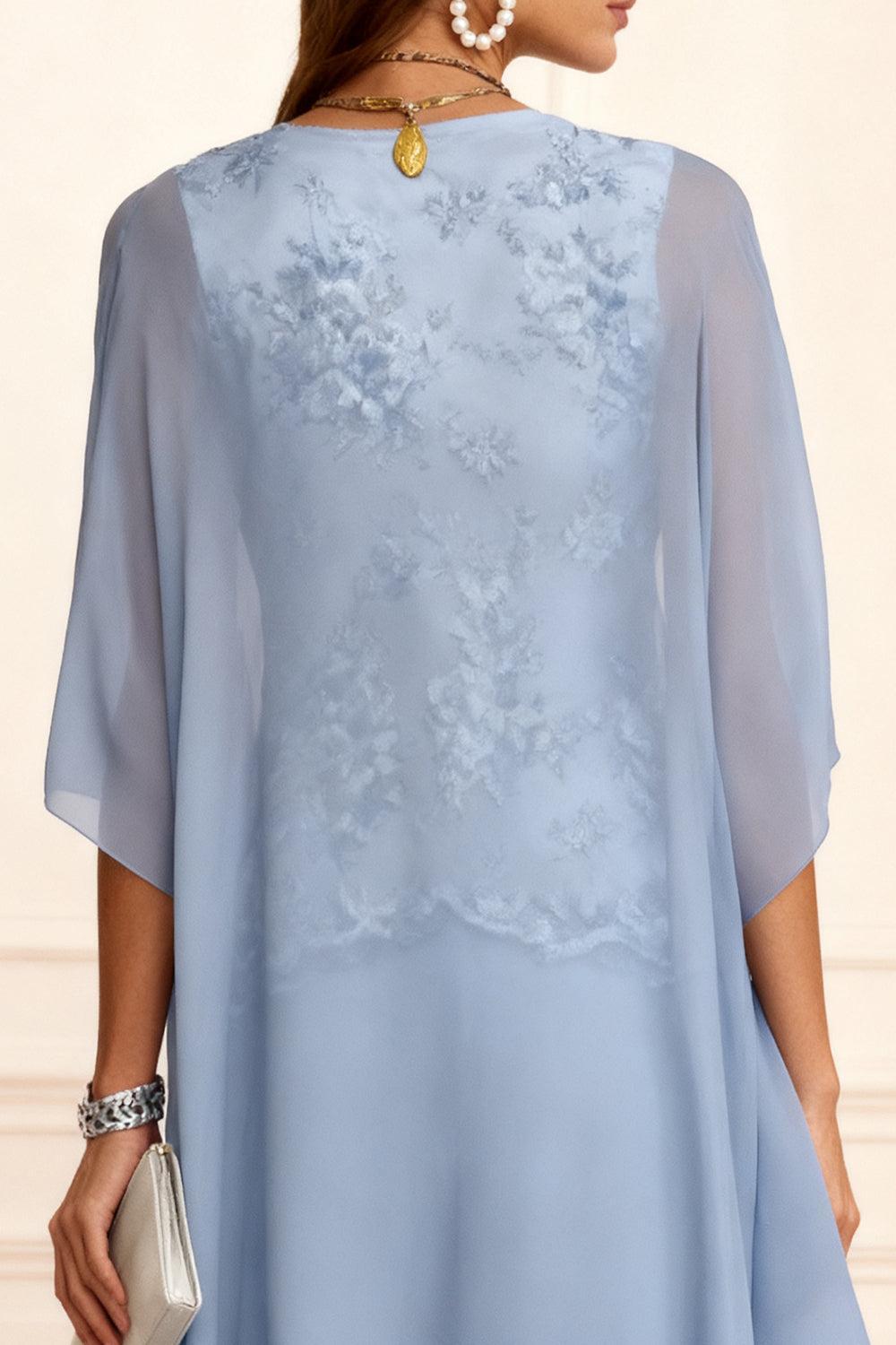 Dressystars Dusty Blue Chiffon Appliqued 3 Piece Mother Of The Bride Pant Suits With Jacket