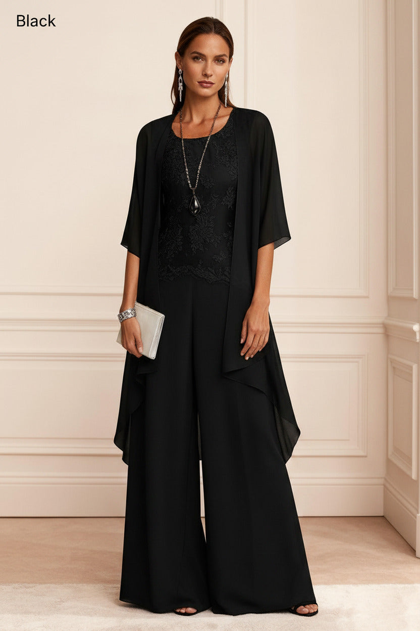 Dressystars Dusty Blue Chiffon Appliqued 3 Piece Mother Of The Bride Pant Suits With Jacket