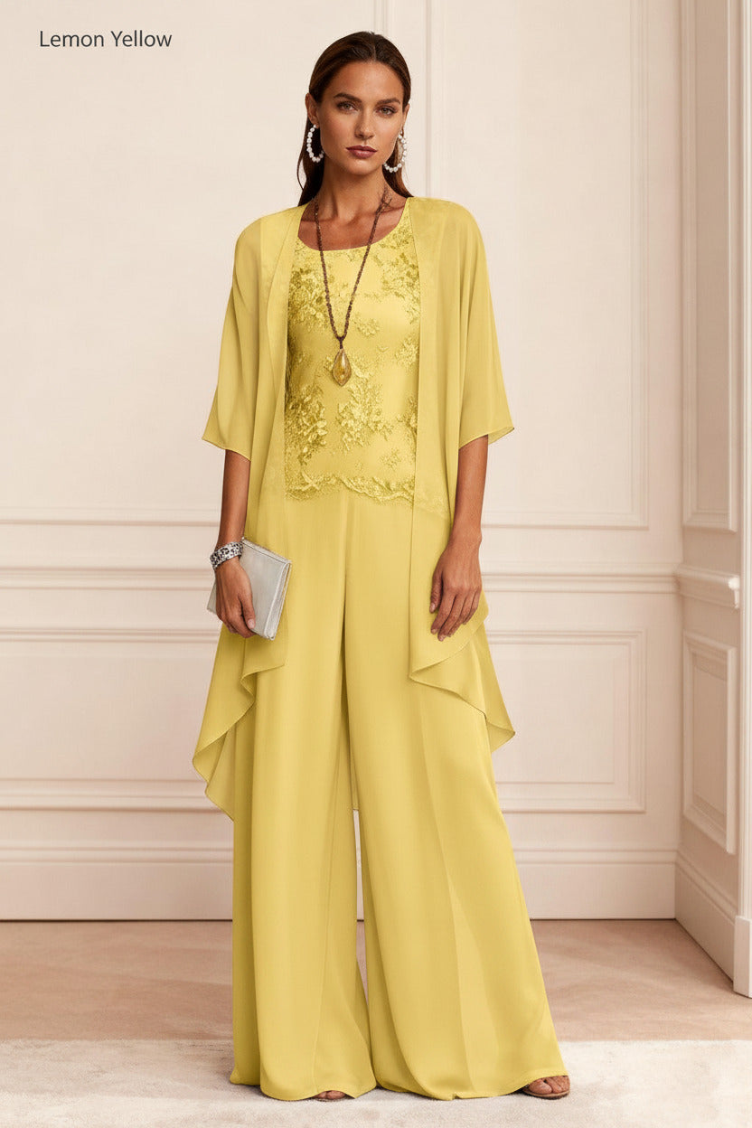 Dressystars Dusty Blue Chiffon Appliqued 3 Piece Mother Of The Bride Pant Suits With Jacket