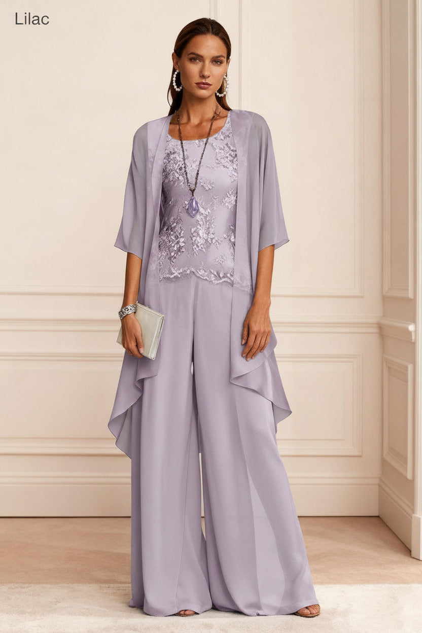 Dressystars Dusty Blue Chiffon Appliqued 3 Piece Mother Of The Bride Pant Suits With Jacket