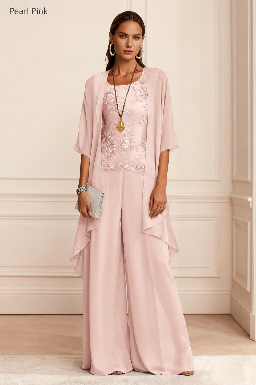 Dressystars Dusty Blue Chiffon Appliqued 3 Piece Mother Of The Bride Pant Suits With Jacket
