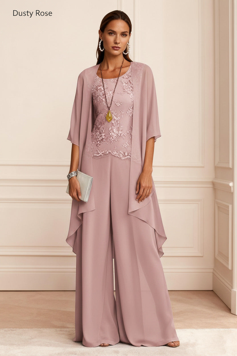 Dressystars Dusty Blue Chiffon Appliqued 3 Piece Mother Of The Bride Pant Suits With Jacket