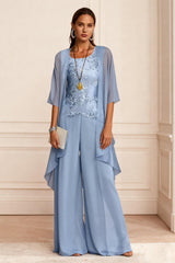 Dressystars Dusty Blue Chiffon Appliqued 3 Piece Mother Of The Bride Pant Suits With Jacket