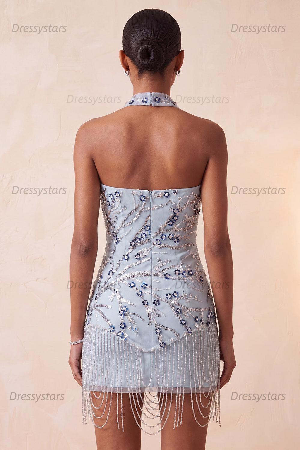 Dressystars Dusty Blue Floral Fringed Sequins Tight Short Homecoming Dress