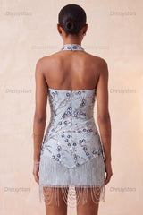Dressystars Dusty Blue Floral Fringed Sequins Tight Short Homecoming Dress