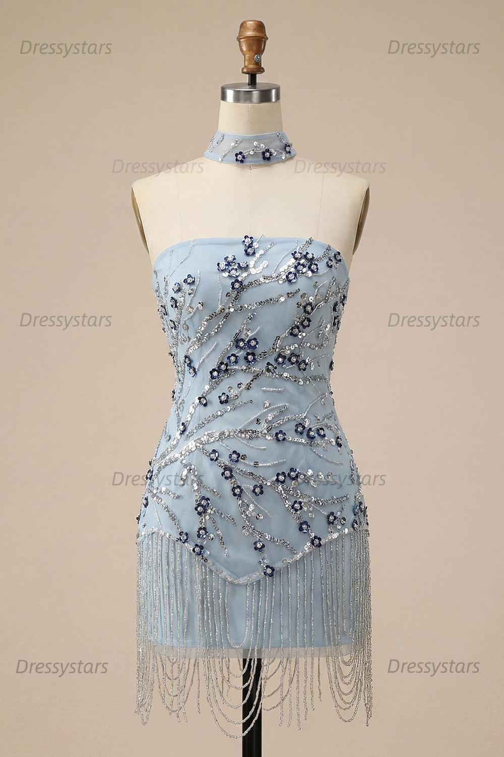 Dressystars Dusty Blue Floral Fringed Sequins Tight Short Homecoming Dress