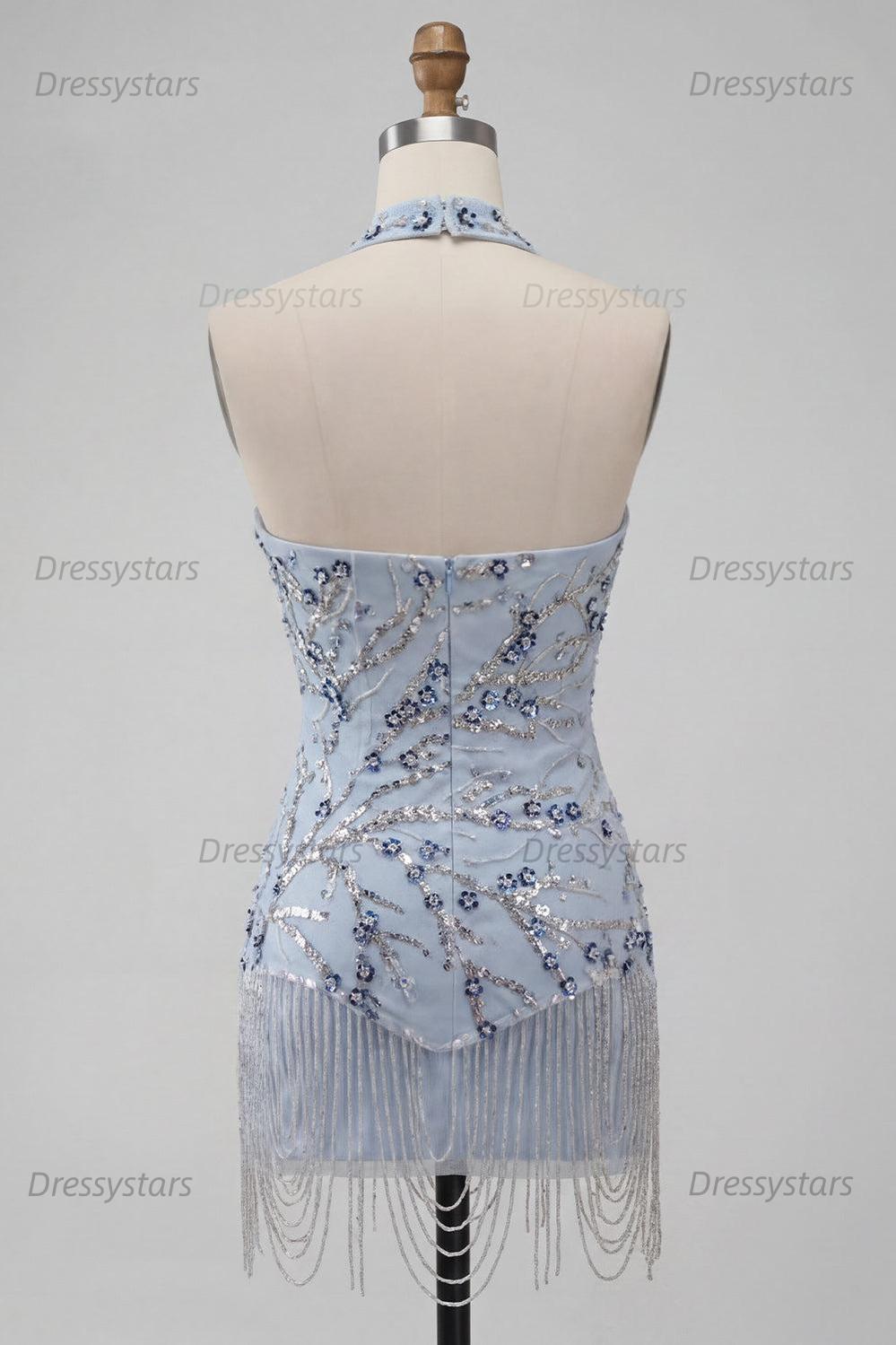 Dressystars Dusty Blue Floral Fringed Sequins Tight Short Homecoming Dress