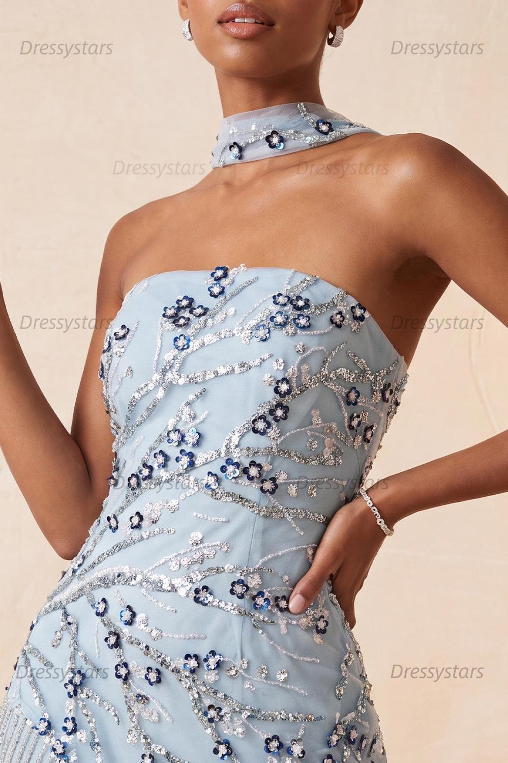 Dressystars Dusty Blue Floral Fringed Sequins Tight Short Homecoming Dress